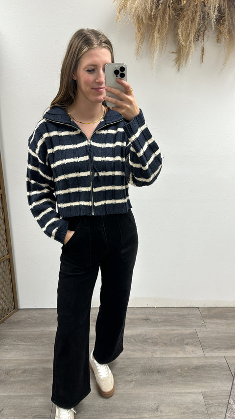 Mock Neck Zipper Striped Cardigan