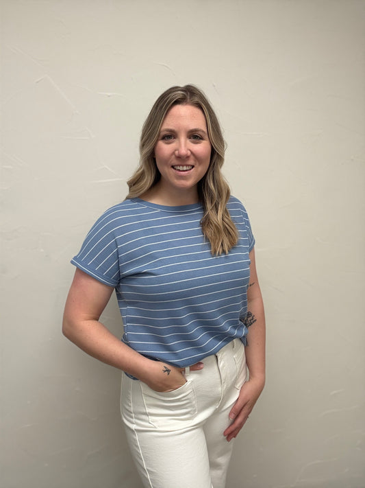 Boat Neck Striped Short Sleeve Top
