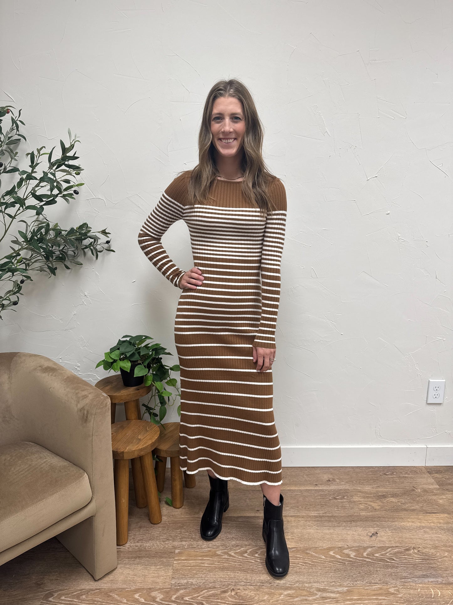 Boat neck Semi A-Line Stripe Dress