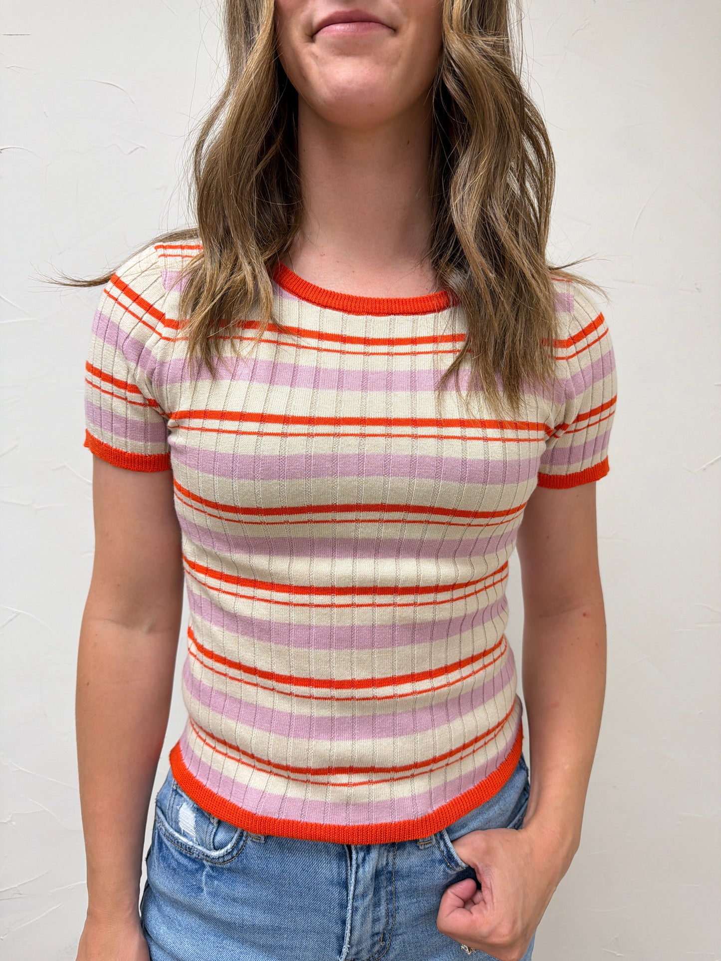 Knit Sweater Multi Color Striped Short Sleeve