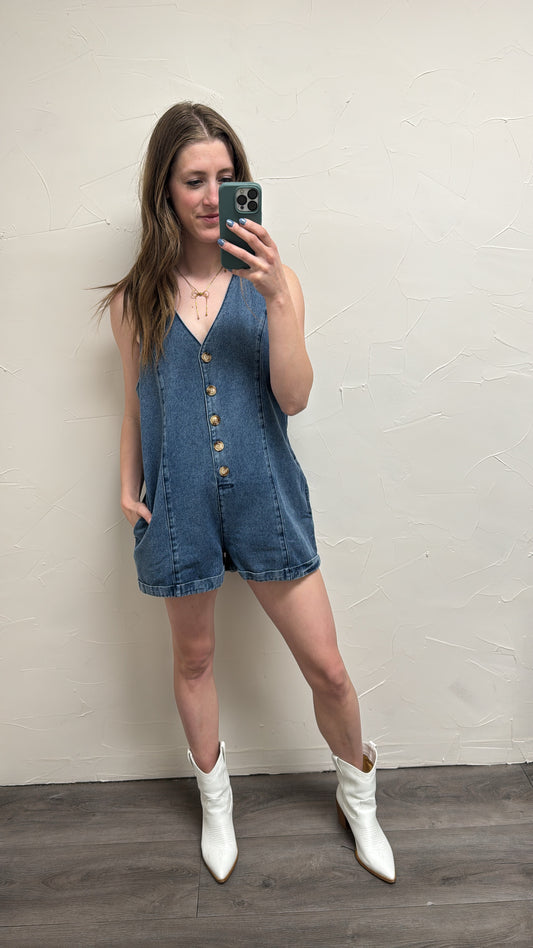 Button Front Sleeveless Denim Romper