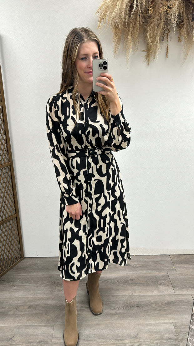 Long Sleeve Belted Chiffon Shirt Dress