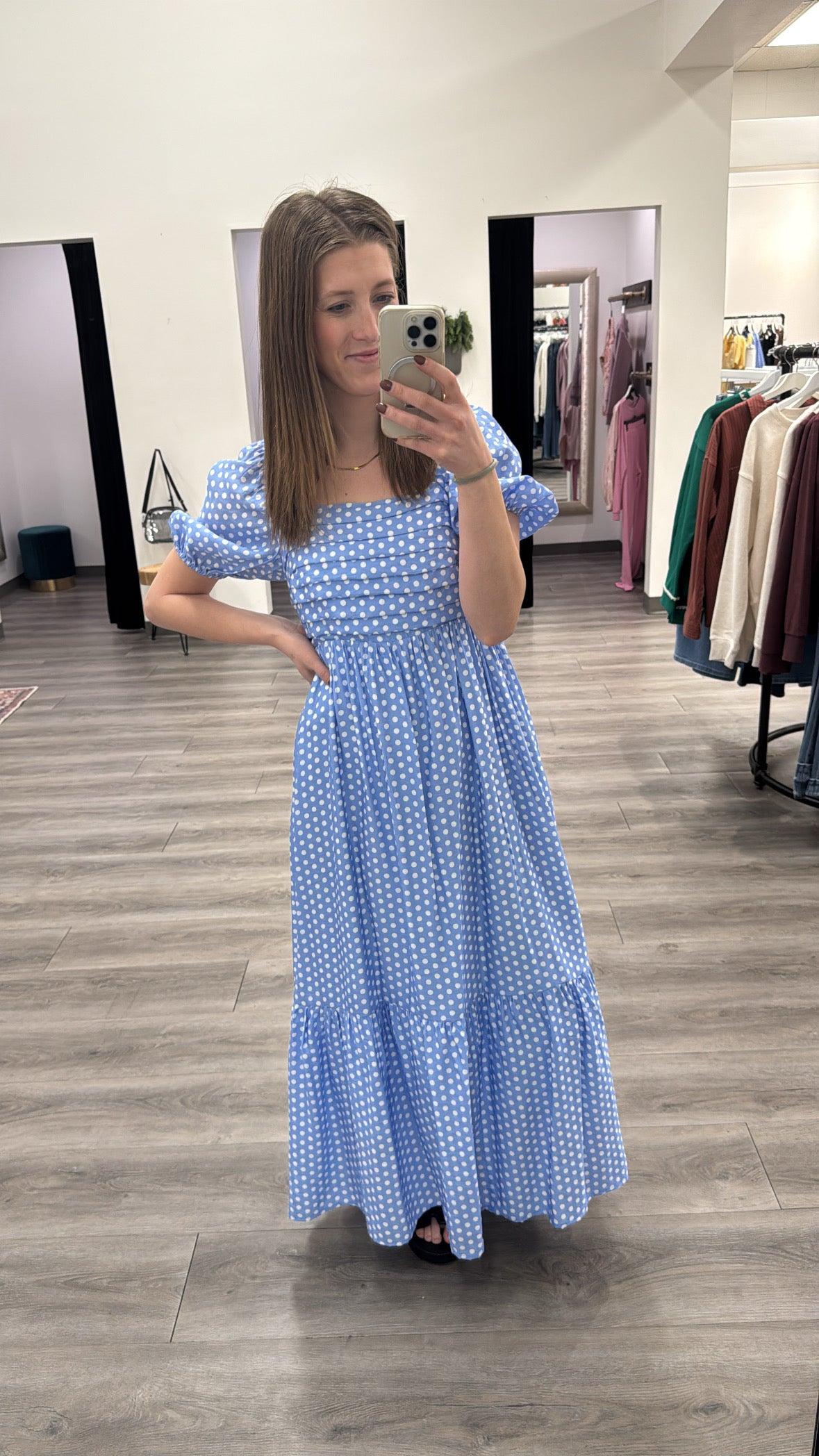 Pleated Polka Dot Maxi Dress
