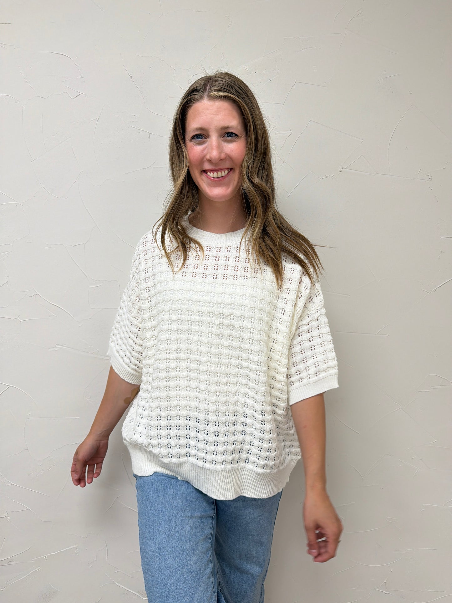 Crew Neck Crochet Textured Knitted Sweater Top