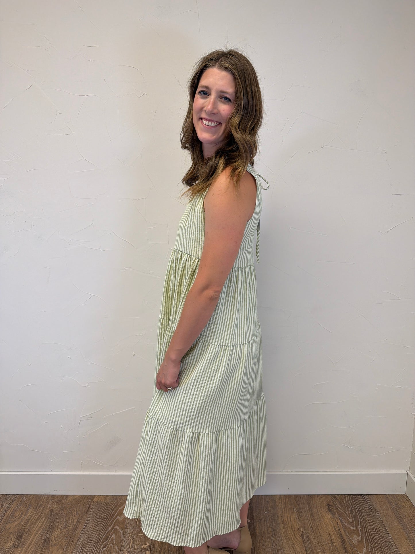 V Neck Sleeveless Tiered Stripe Midi Dress