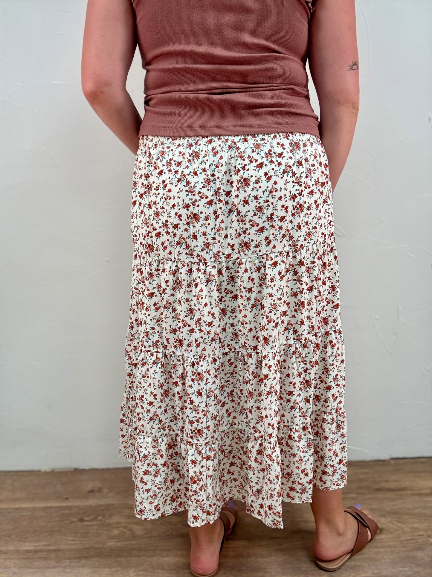Floral Tiered Front Slit Midi Skirt