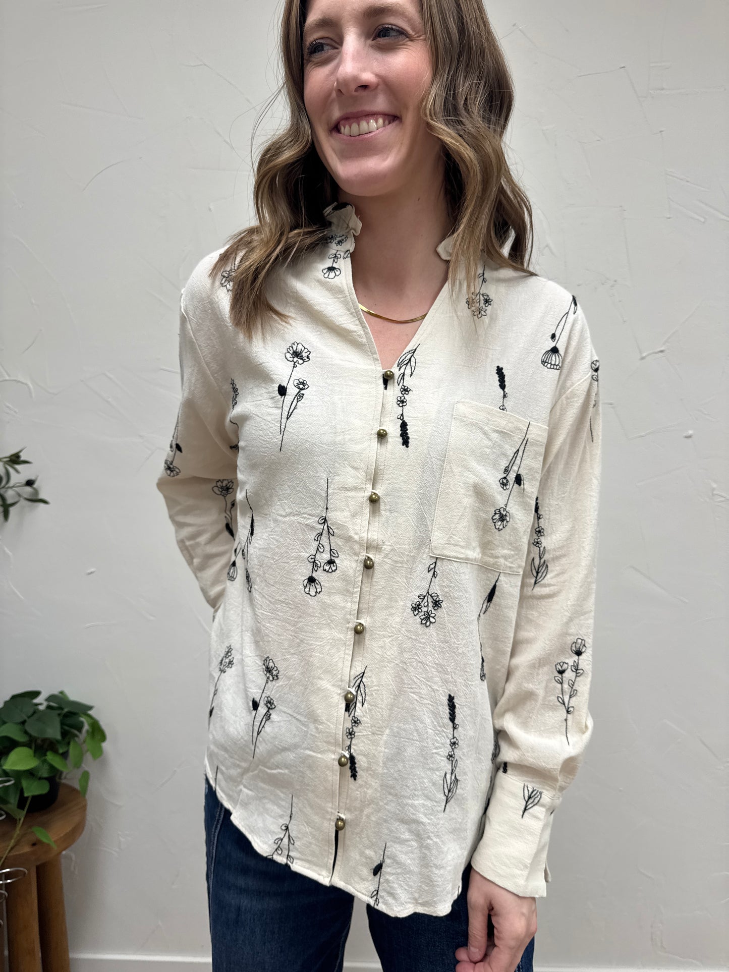 Botanical embroidery long sleeve top