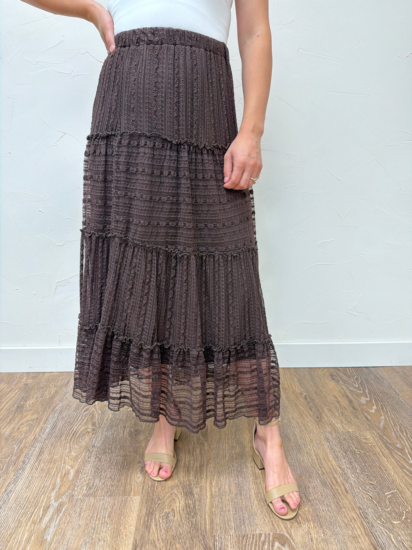 Textured Stripe Ruffle Tiered Midi Skirt