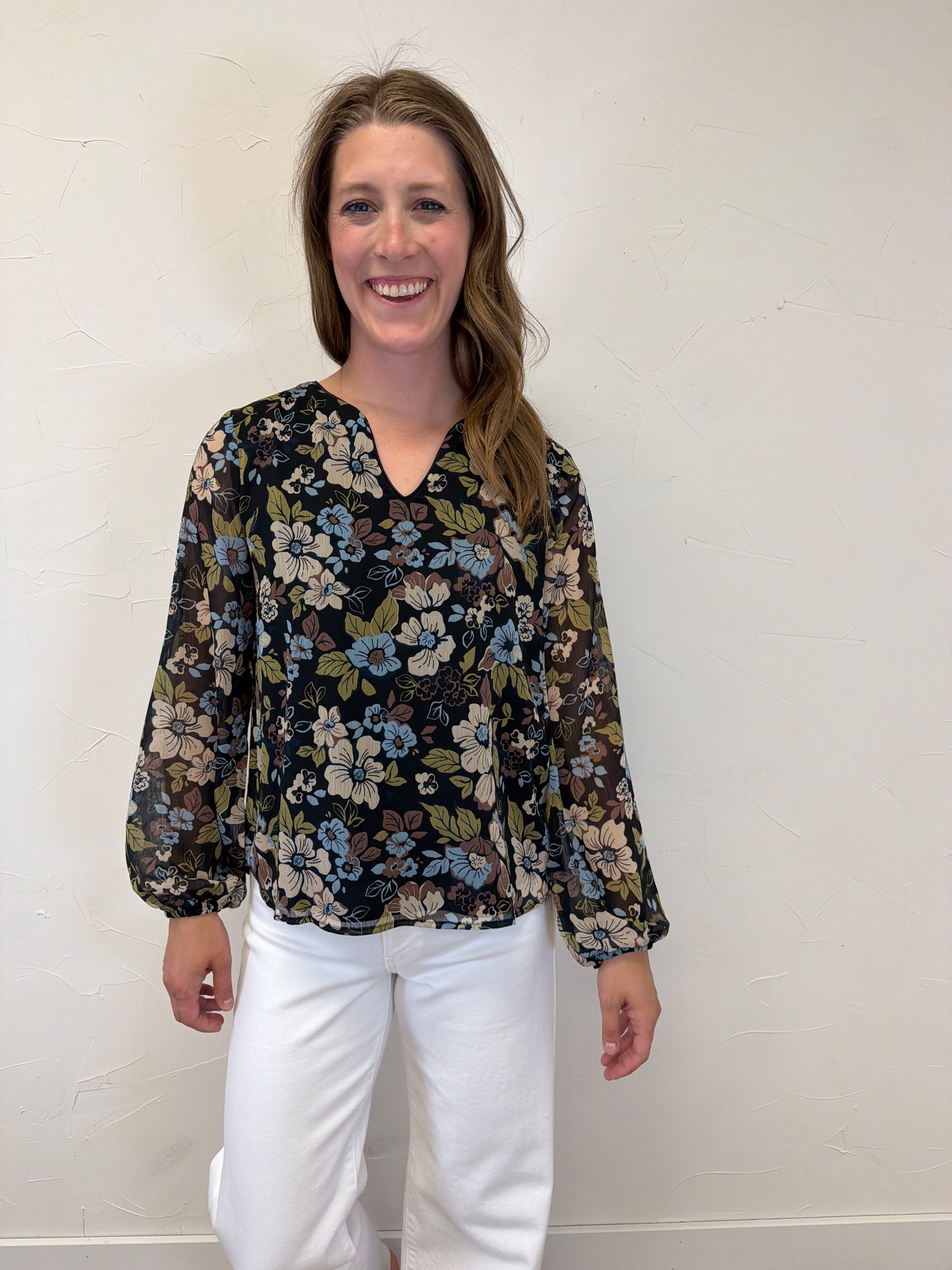 Notch Neck Long Sleeve Floral Top