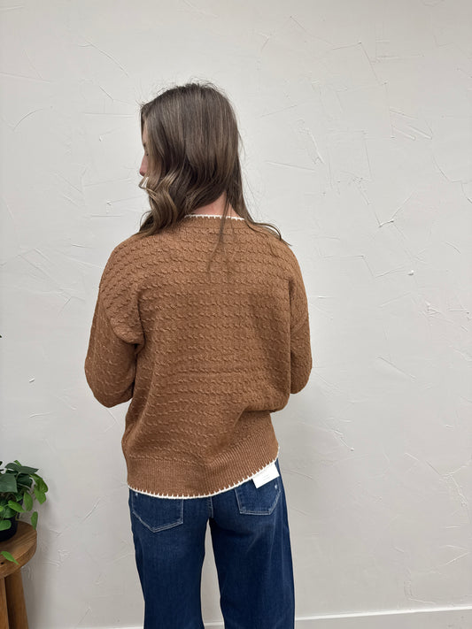 Blanket Stitched Cable Knit Sweater
