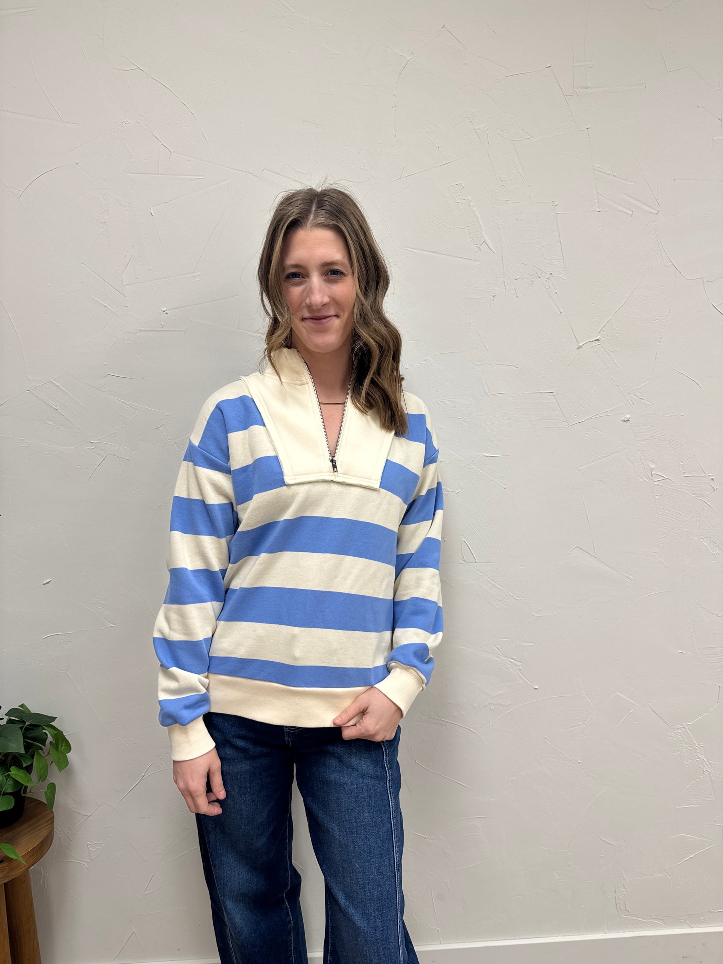 Striped French Terry Half Zip Sweatshirt