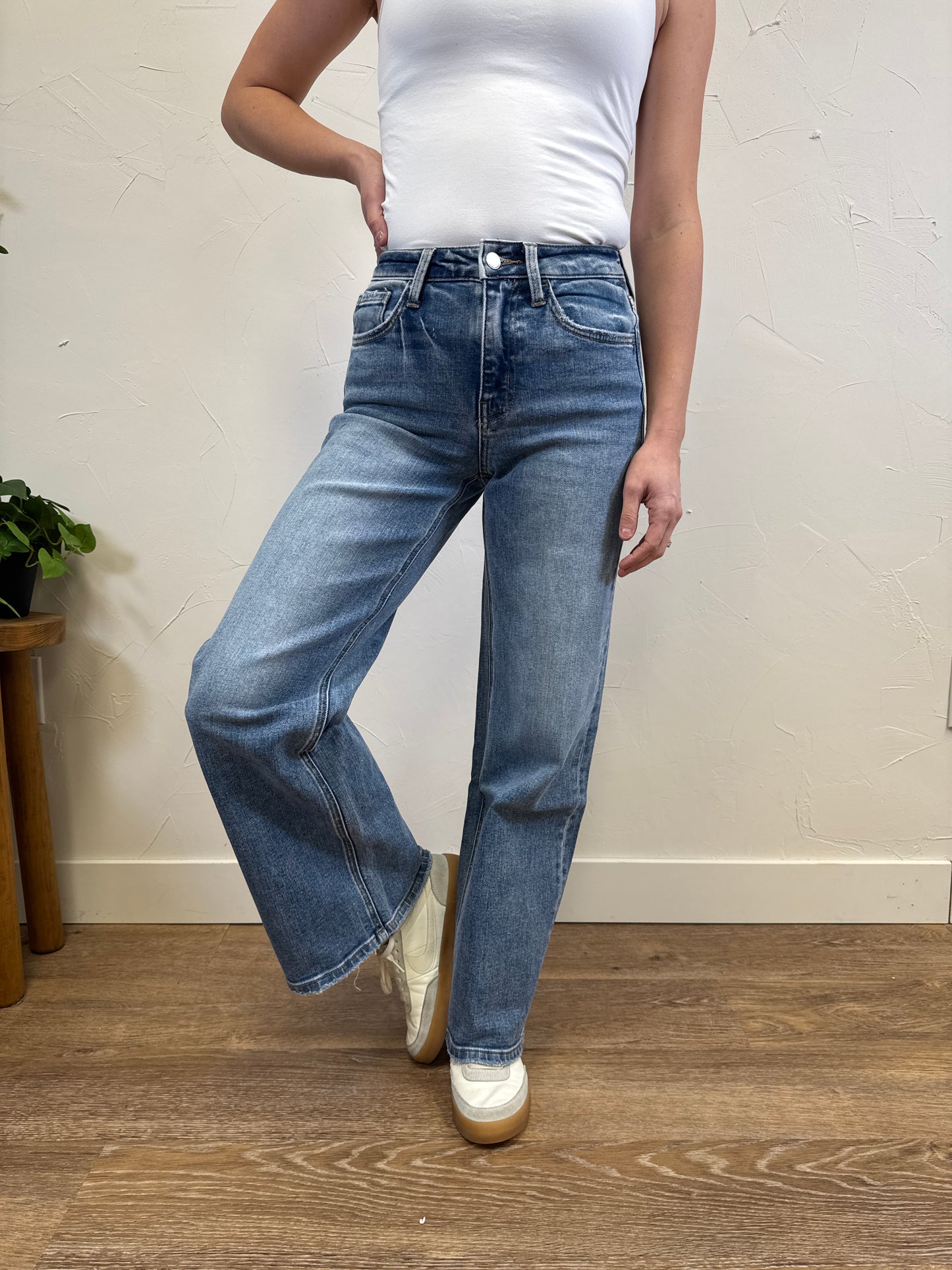 High Rise Medium Wash Full Length Wide Leg