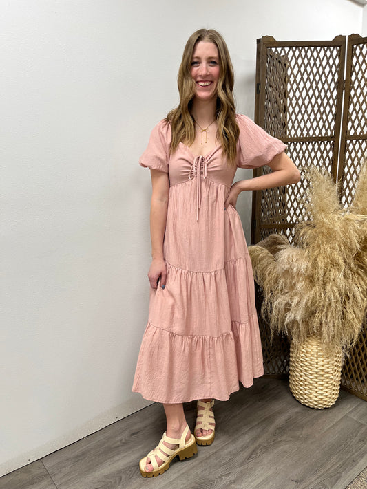 Front Ruched Balloon Sleeve Tier Midi Dress