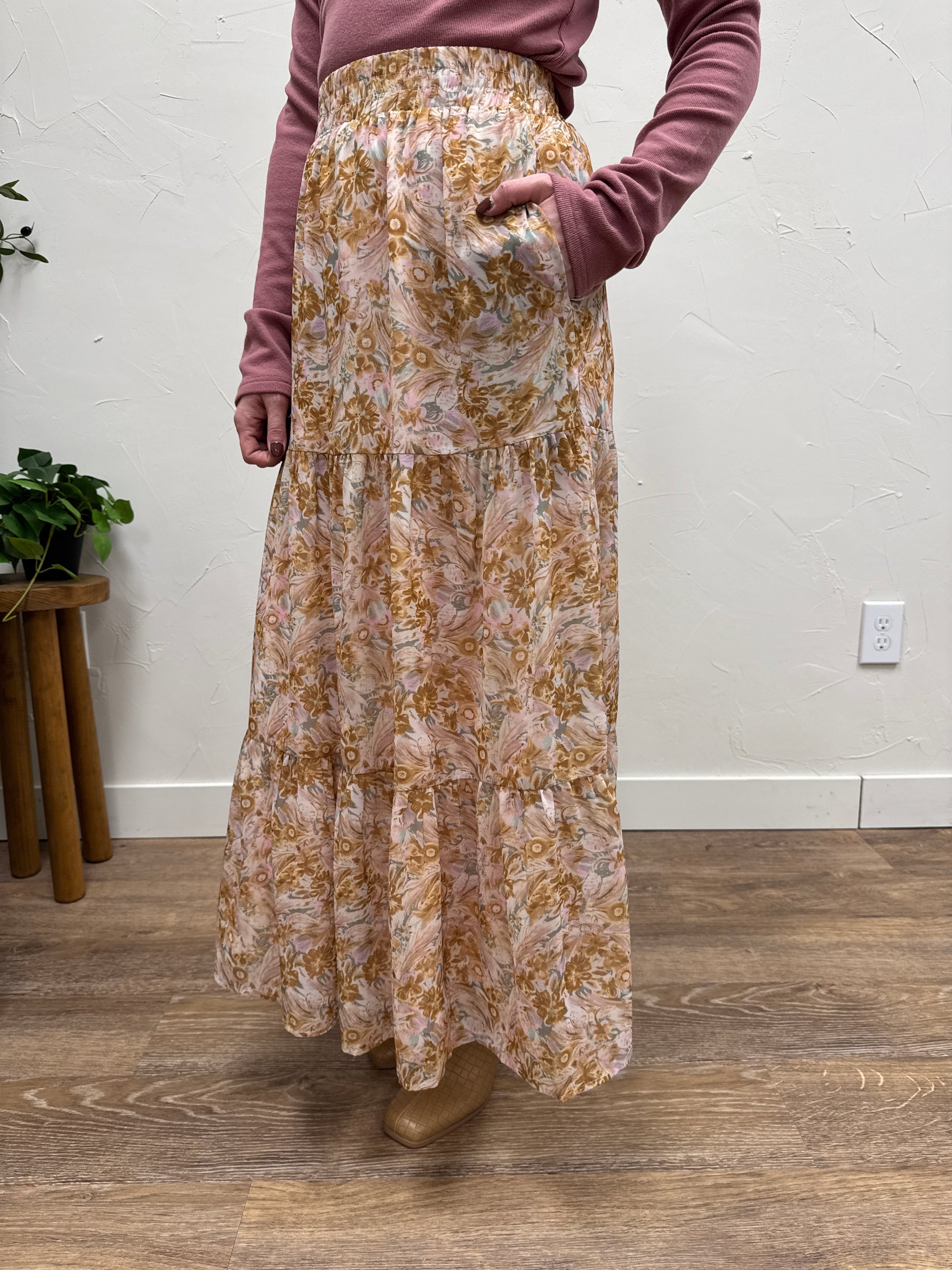 Side view showing movement and drape of Tiered Boho Maxi Skirt — Three:Twelve Boutique