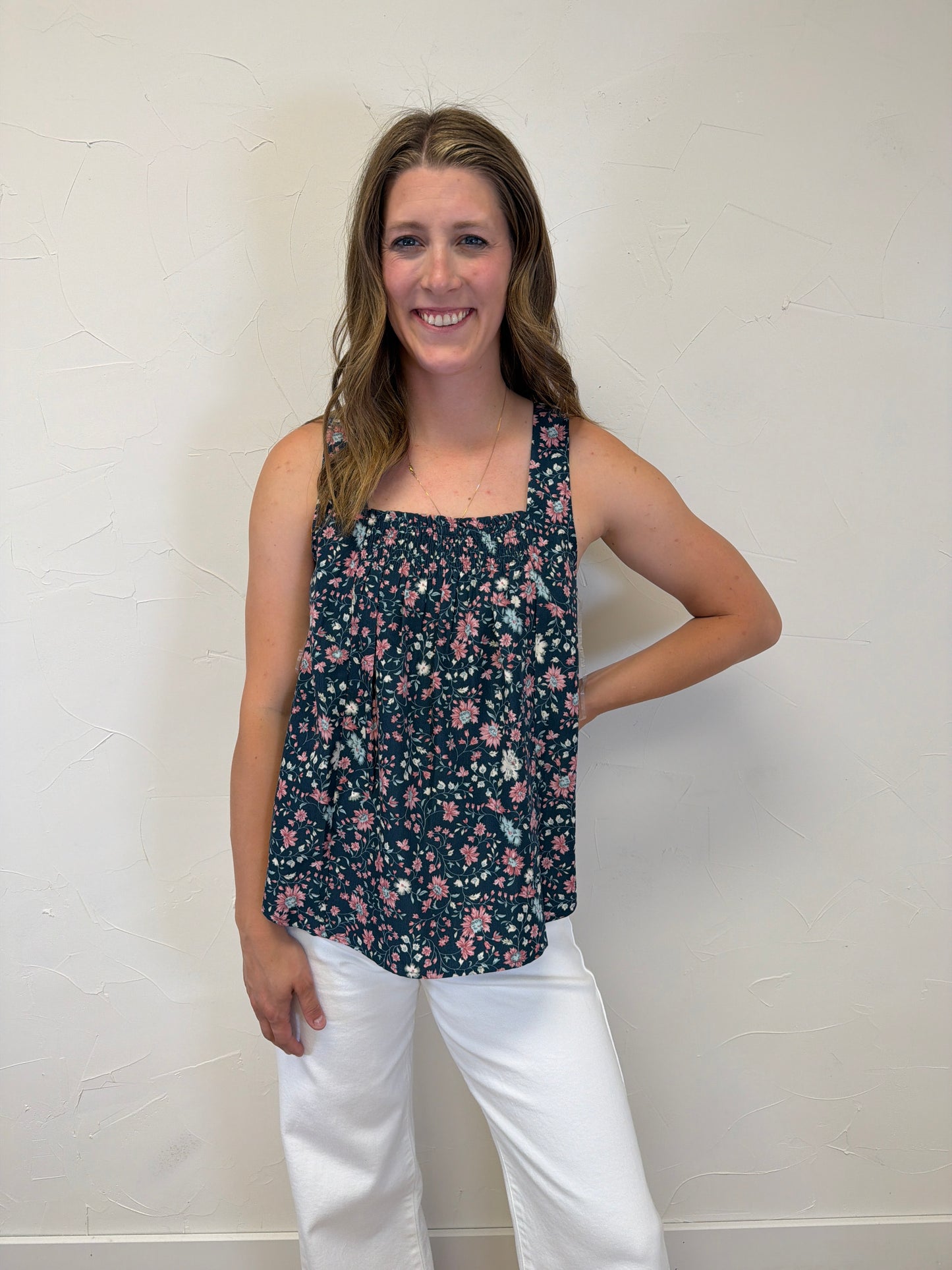 Square Smocked Neck Floral Print Top