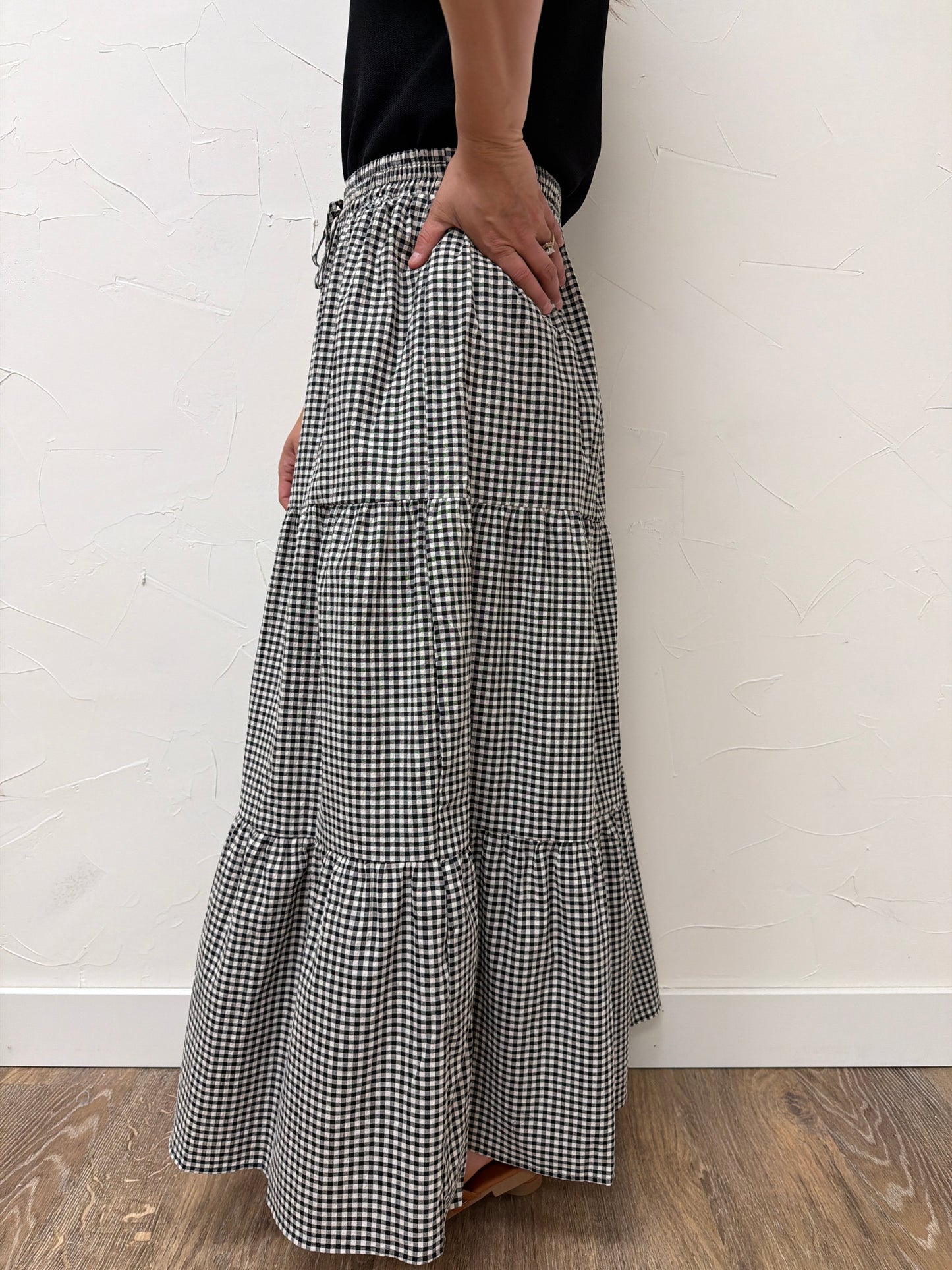Plaid Tiered Ruffled Drawstring Maxi Skirt