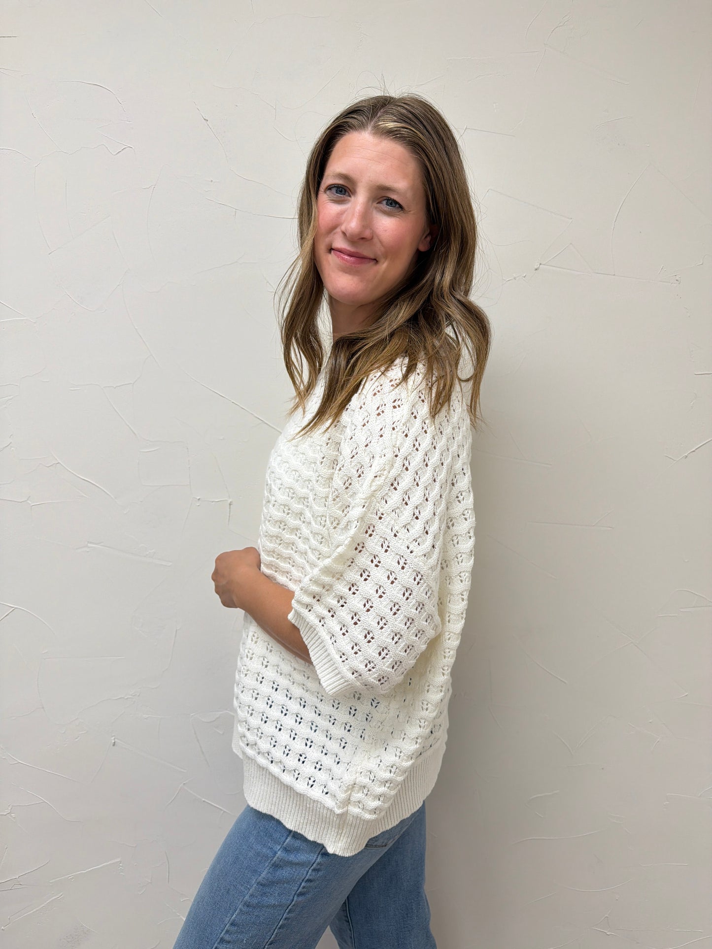 Crew Neck Crochet Textured Knitted Sweater Top