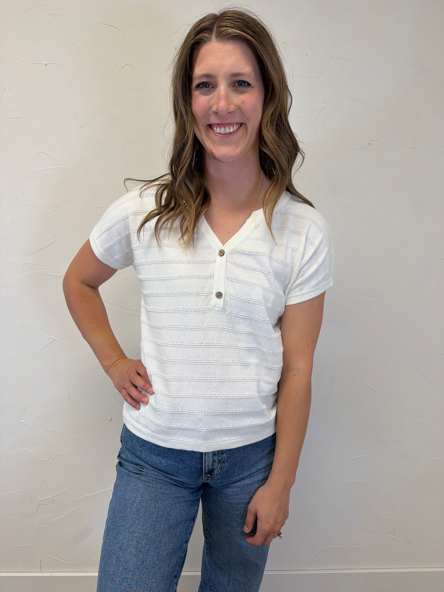 Pointelle Striped Half Button Neck Sweater