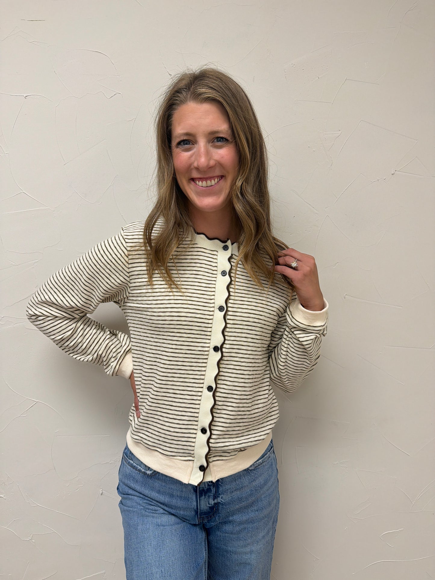 Stripe Knit Scallop Trim Cardigan