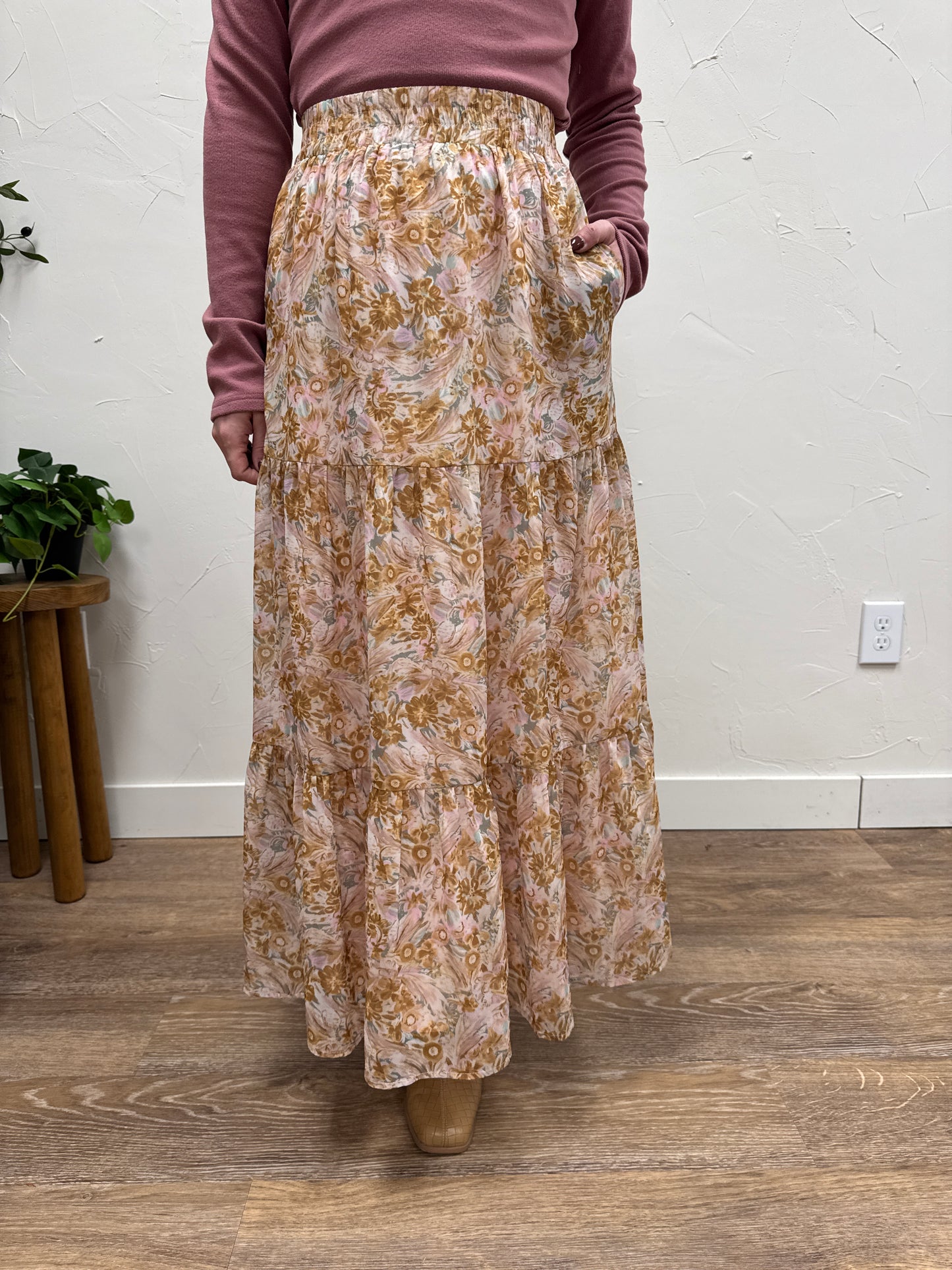 Front view of Tiered Boho Maxi Skirt on model showing full tiered silhouette — Three:Twelve Boutique