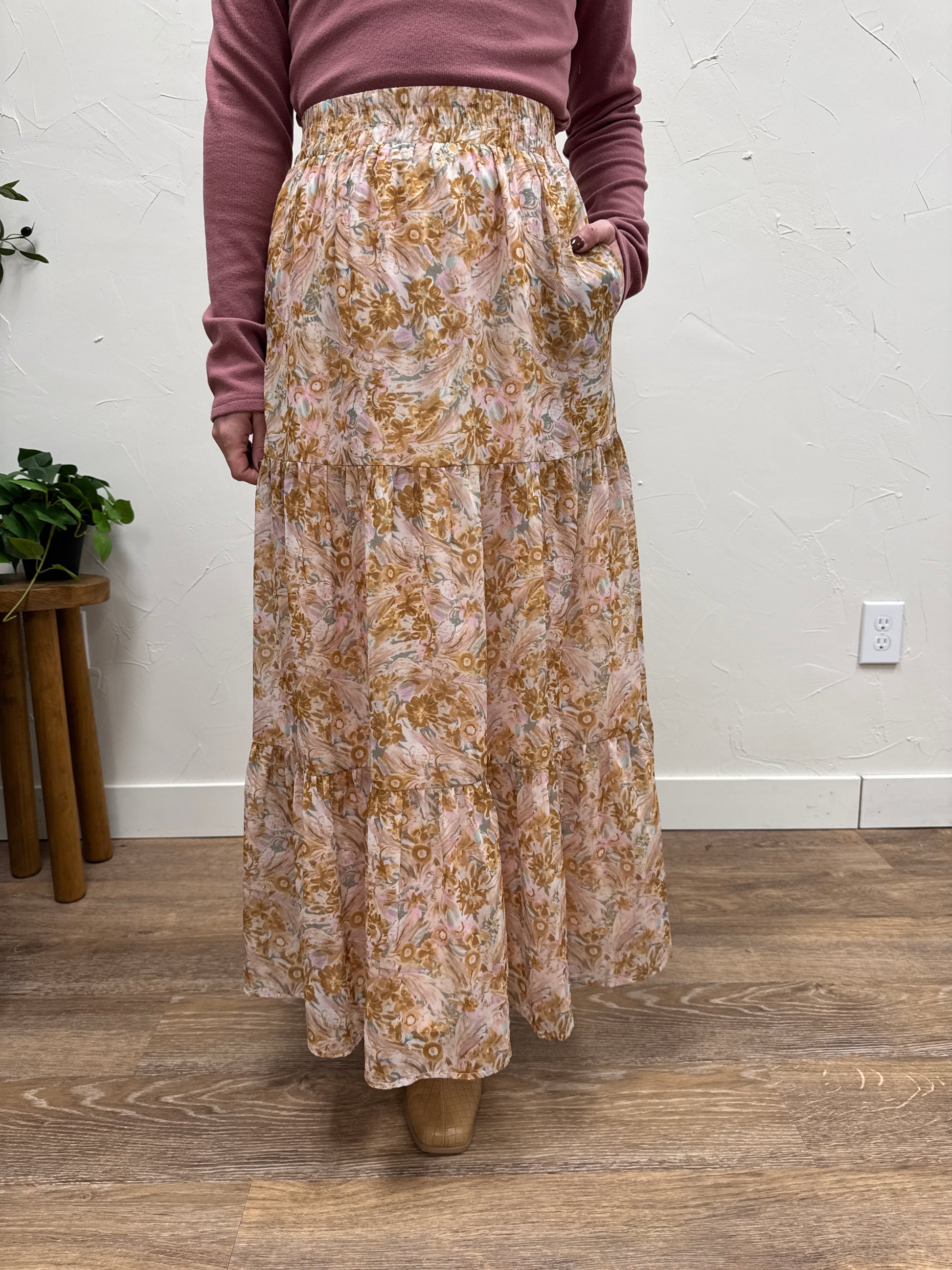 Front view of Tiered Boho Maxi Skirt on model showing full tiered silhouette — Three:Twelve Boutique