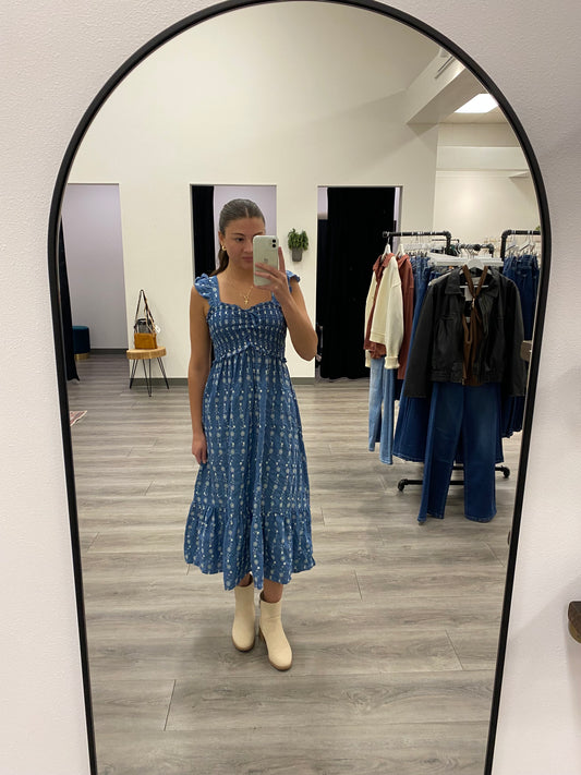 Denim with Embroidered Floral Smocked Maxi Dress