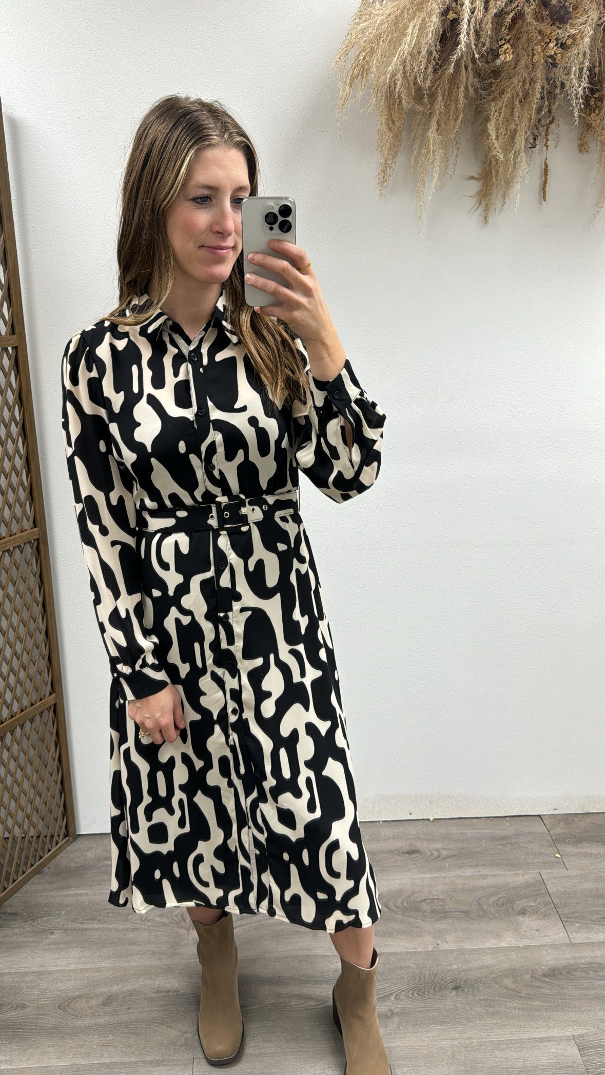 Long Sleeve Belted Chiffon Shirt Dress