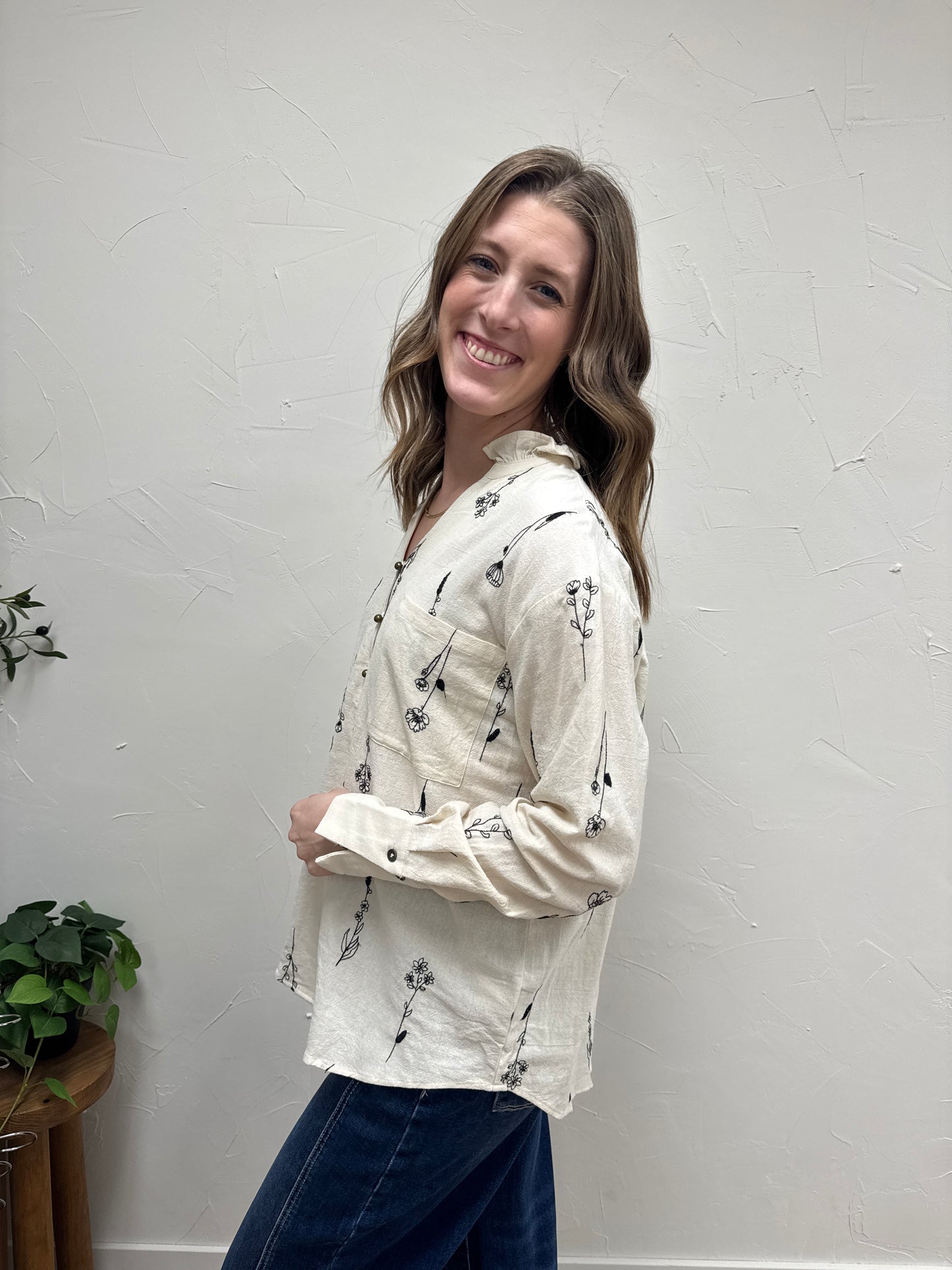 Botanical embroidery long sleeve top