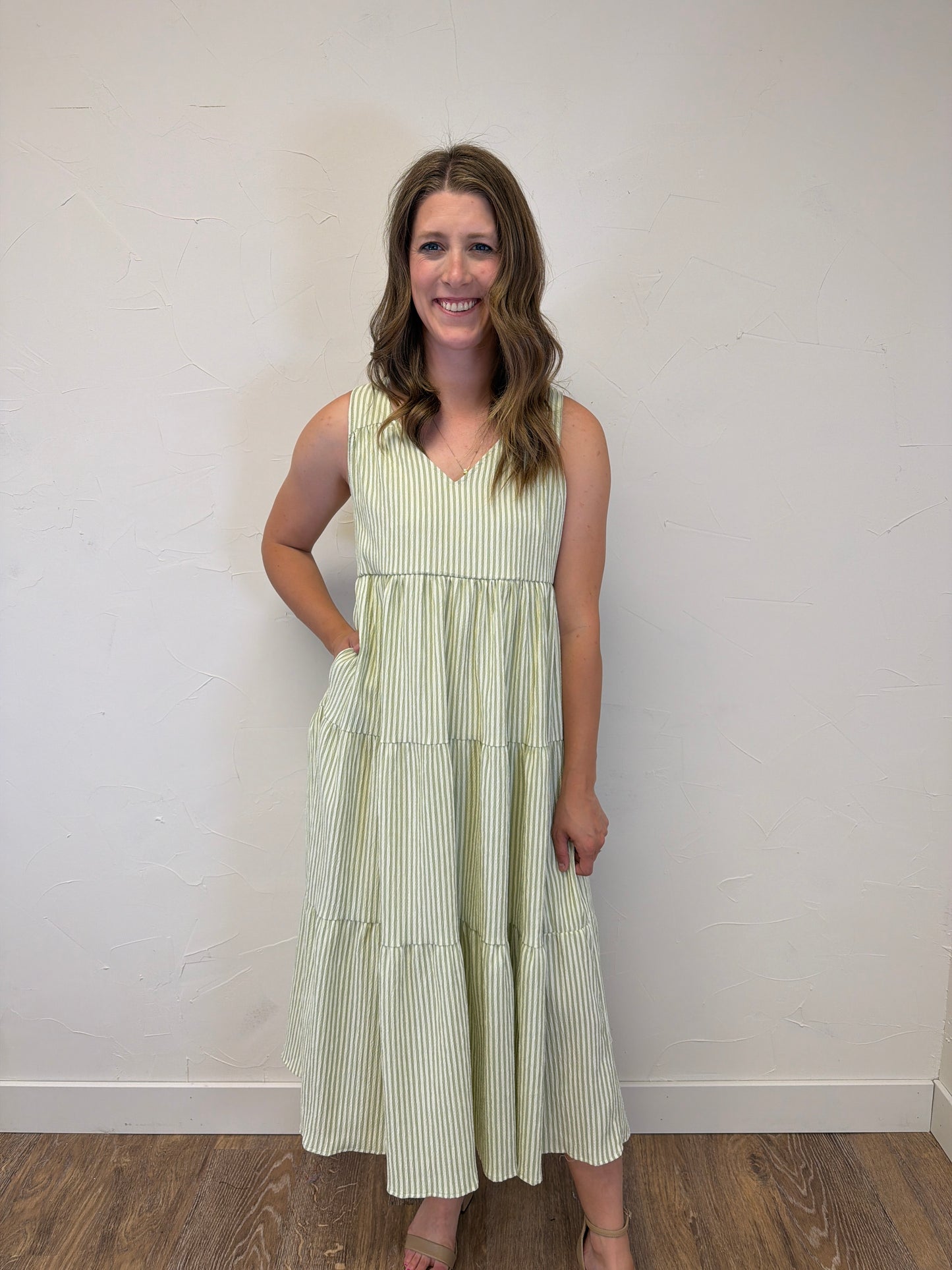 V Neck Sleeveless Tiered Stripe Midi Dress