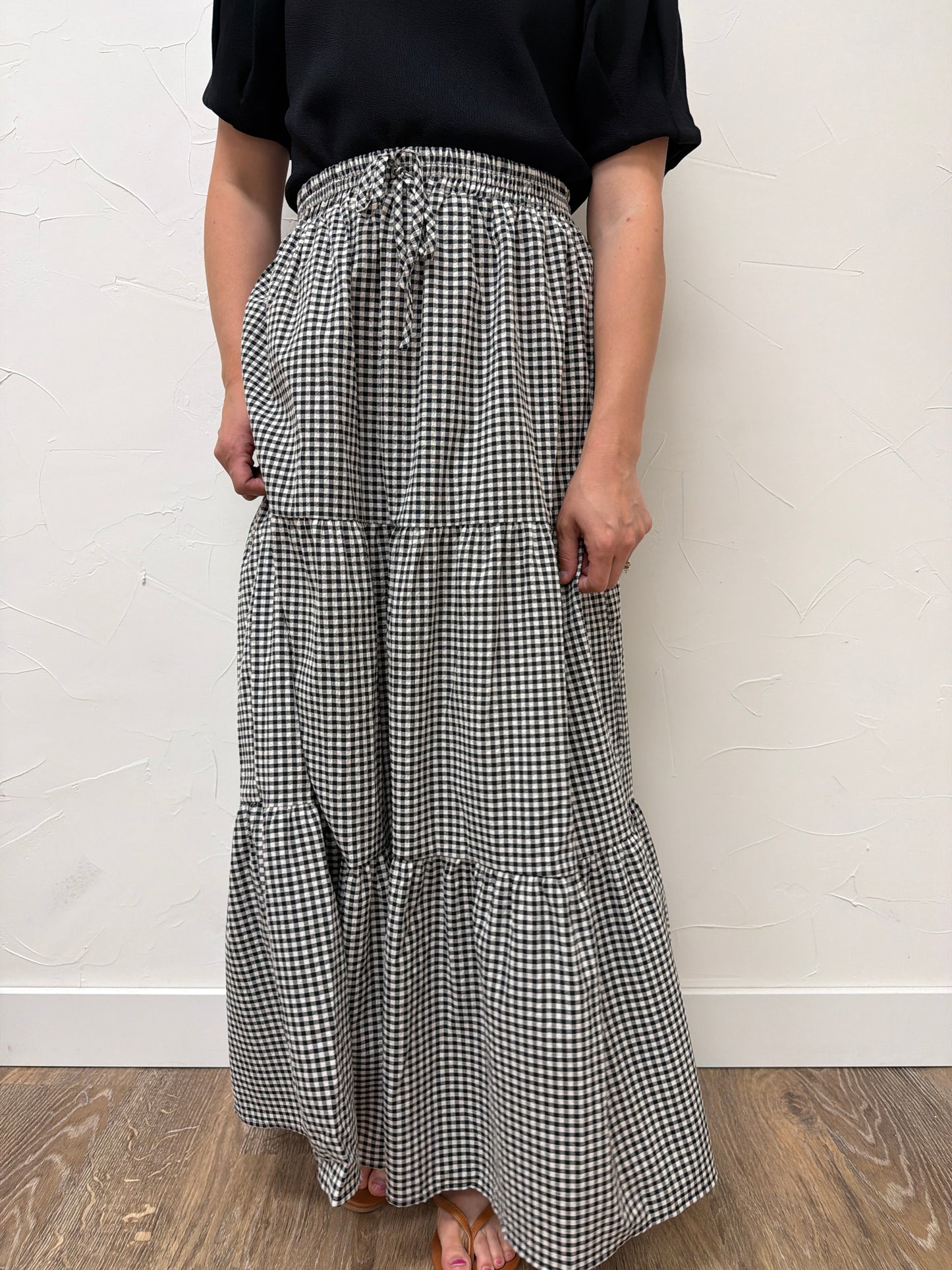 Plaid Tiered Ruffled Drawstring Maxi Skirt