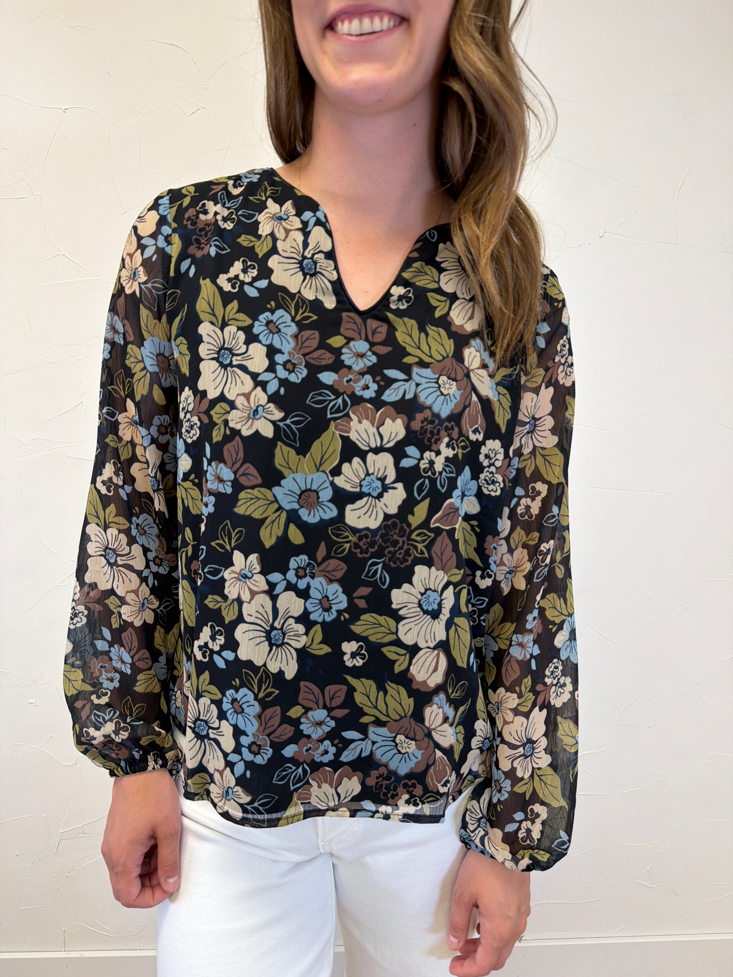 Notch Neck Long Sleeve Floral Top