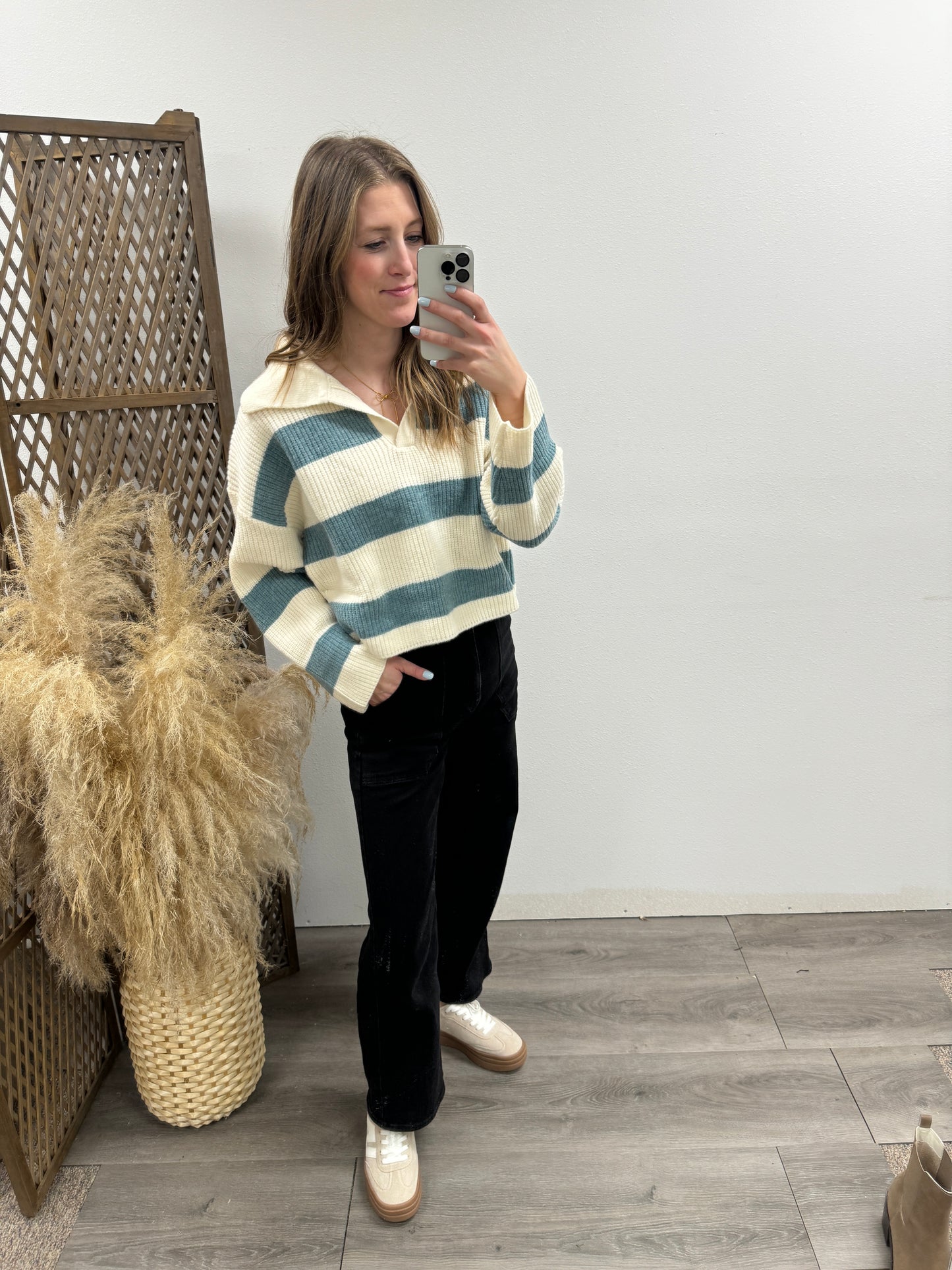 STRIPE DROP SHOULDER WITH WIDE COLLAR SWEATER - Three:Twelve Boutique