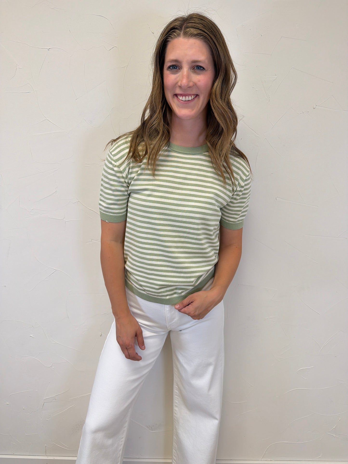 Crew Neck Half Sleeve Striped Sweater