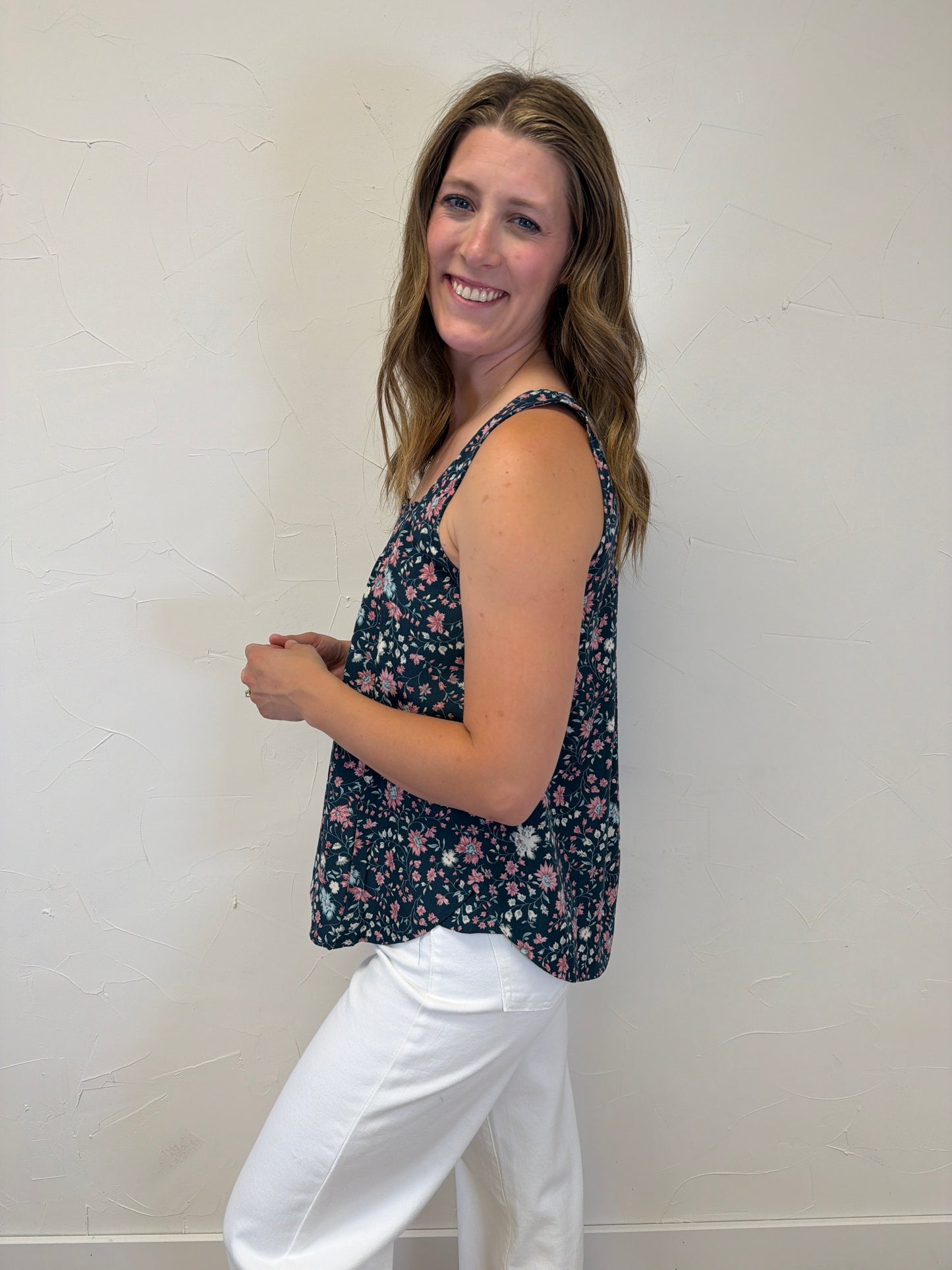 Square Smocked Neck Floral Print Top