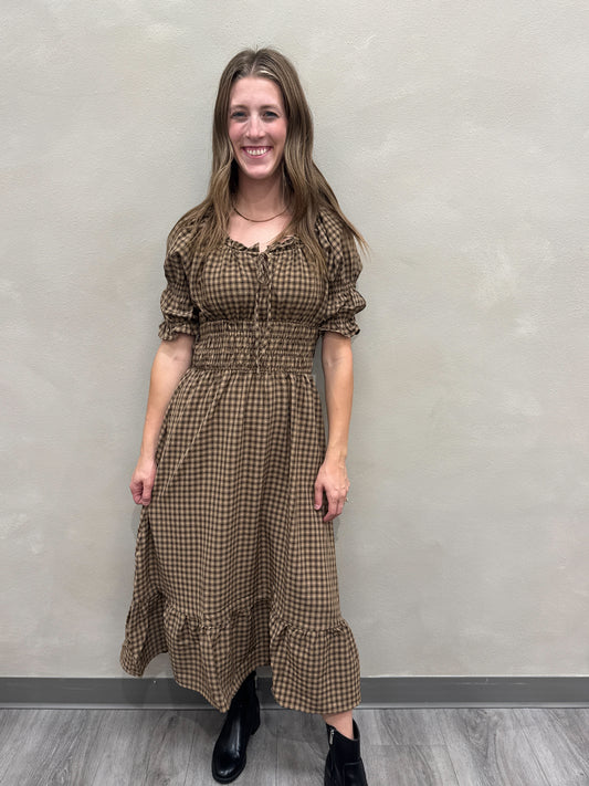 Scoop Neck Puff Sleeve Smocked Midi Dress