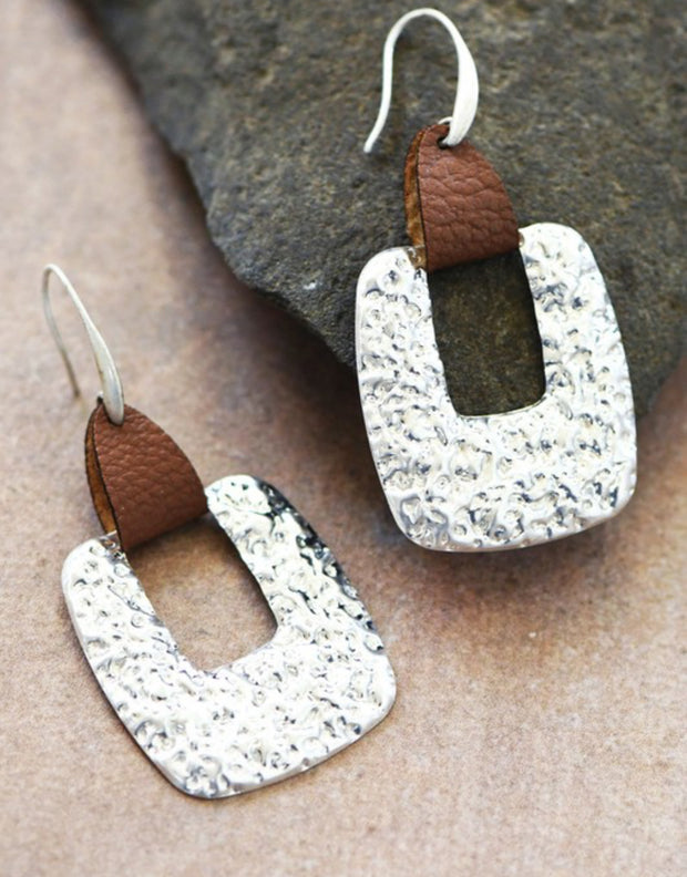 Hammered Metal Earrings with Leather Accent