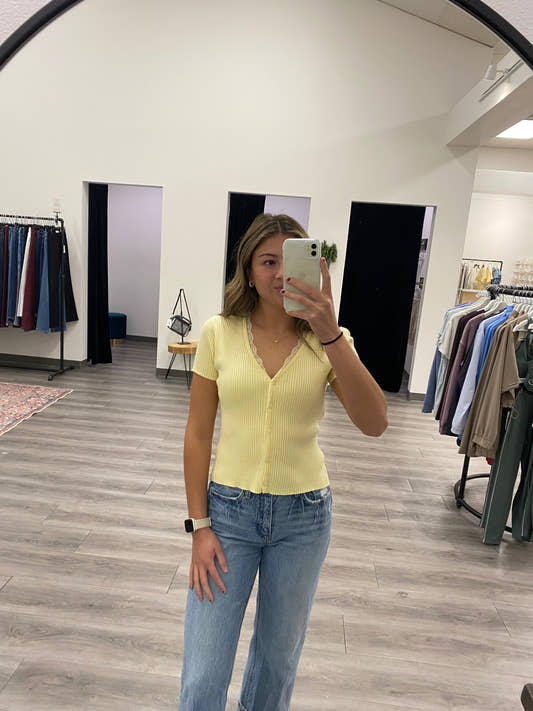 V neck Button Down Lace Ribbed Top Short Sleeve