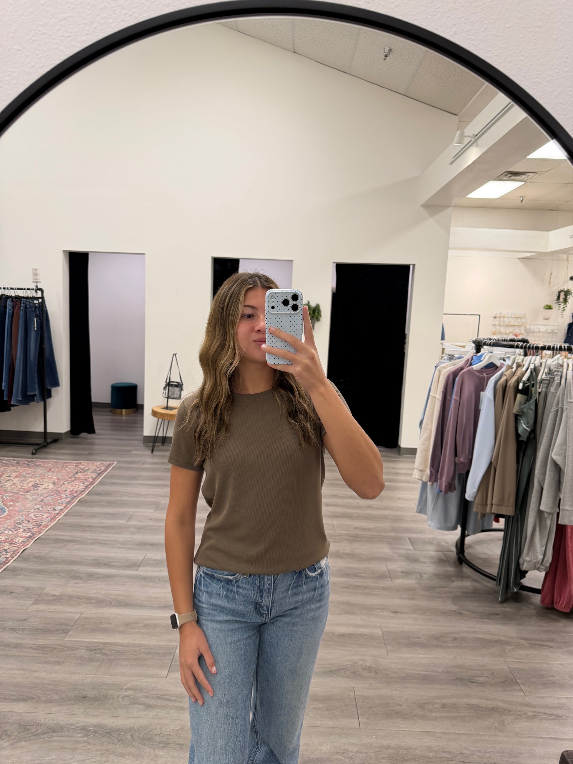 Front view of model wearing ribbed crew neck tee showing fitted silhouette — Three:Twelve Boutique