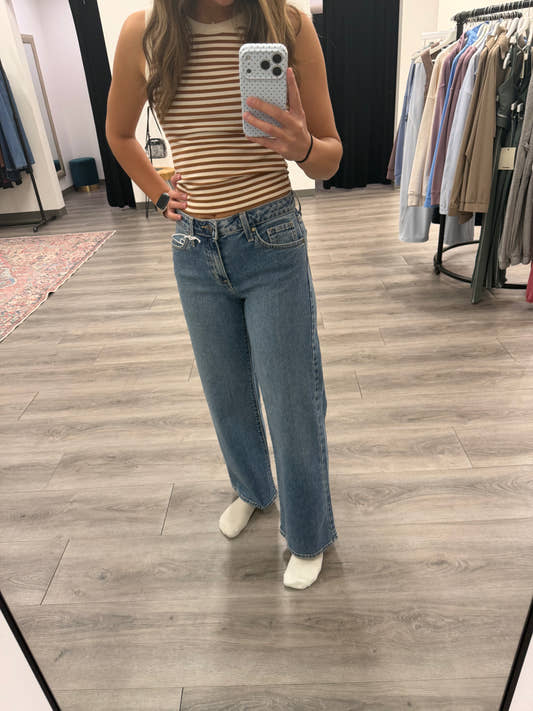 Front view of model wearing mid rise slim wide leg denim jeans — Three:Twelve Boutique
