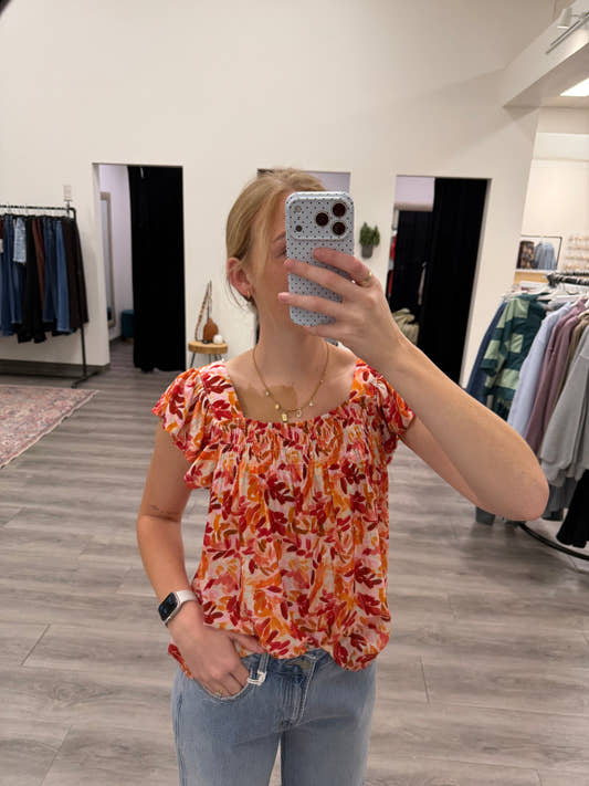 Front view of model wearing Double Square Neck Flutter Sleeve Top for Women