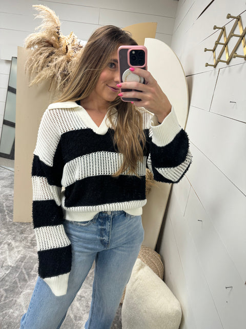 Open Knit + Fuzzy Knit Striped Sweater