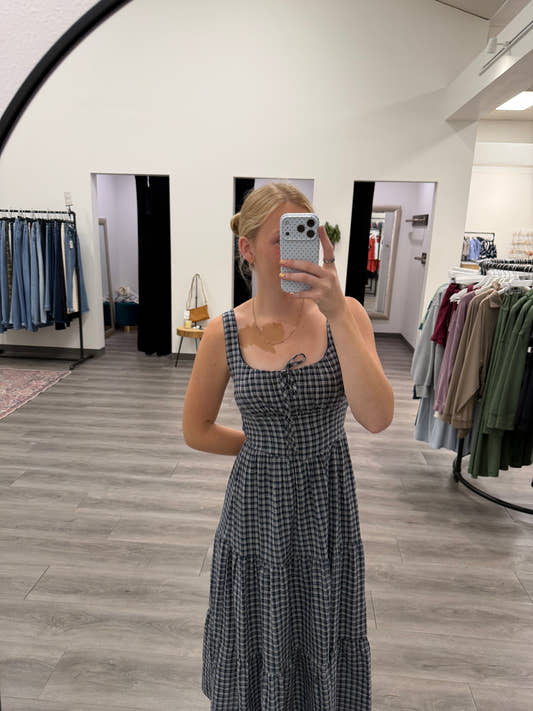 Plaid Front Tie Corset Detail Midi Dress
