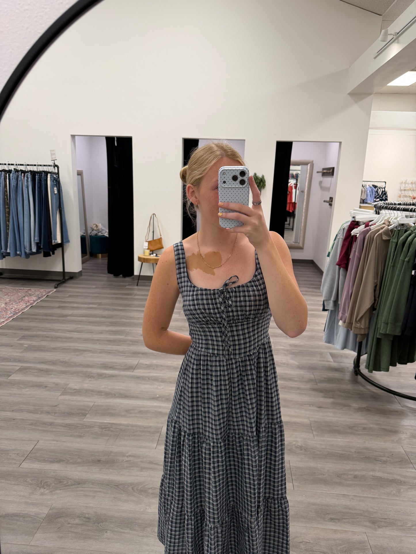 Plaid Front Tie Corset Detail Midi Dress