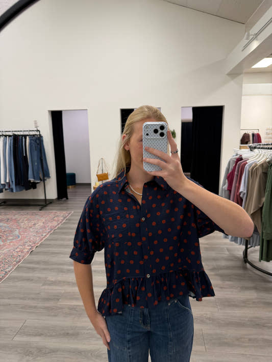 Polka dot short sleeve waist-length top