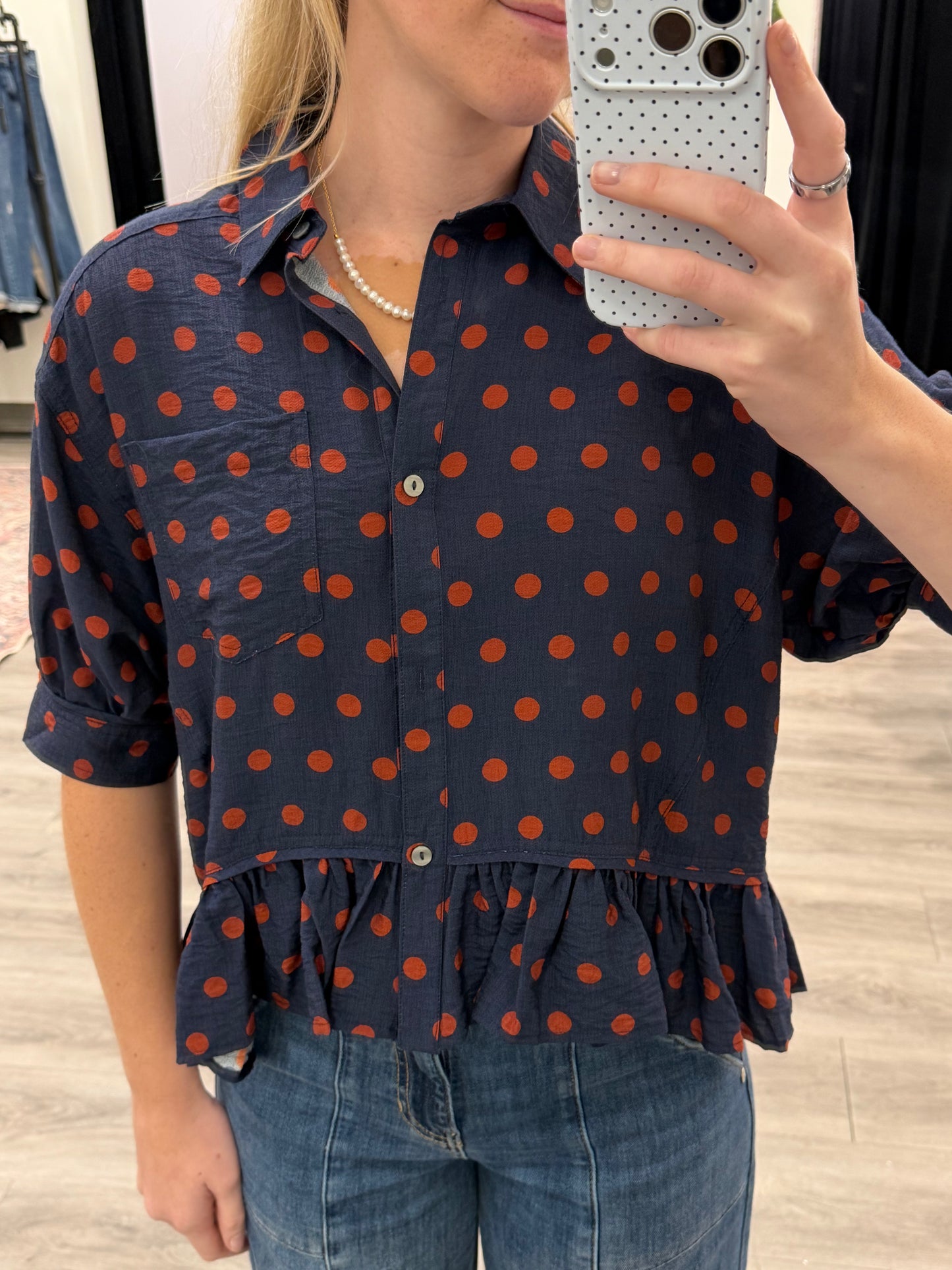Polka dot short sleeve waist-length top