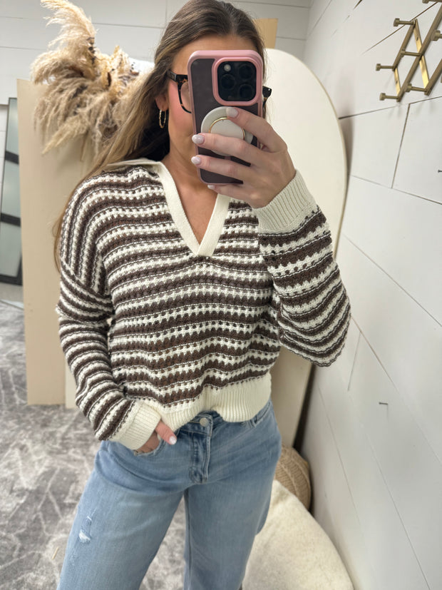 Stripe crochet knit sweater