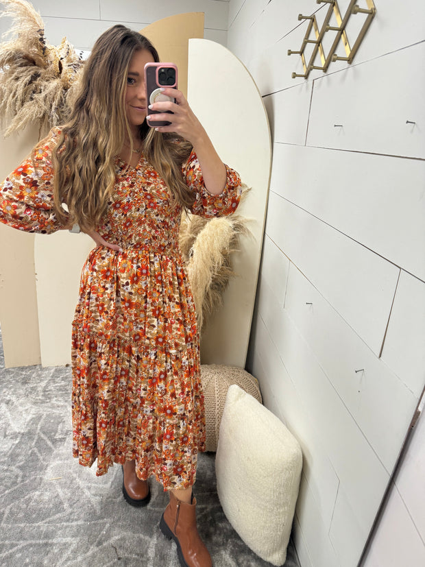 Smocked Floral Print Dress