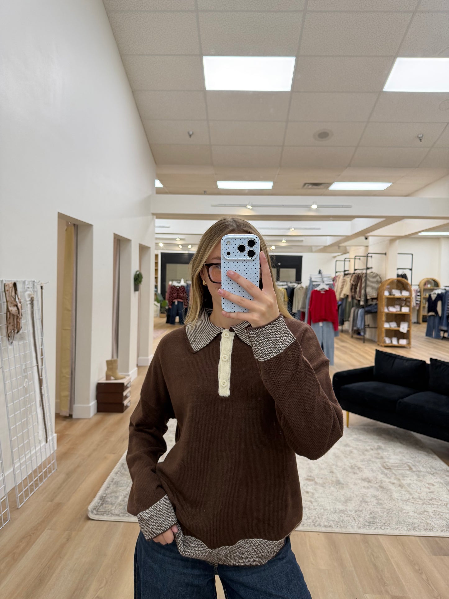 Cabin Pinstripe Henley Polo Sweater Top