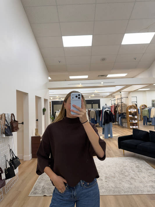 scalloped hem mock neck sweater