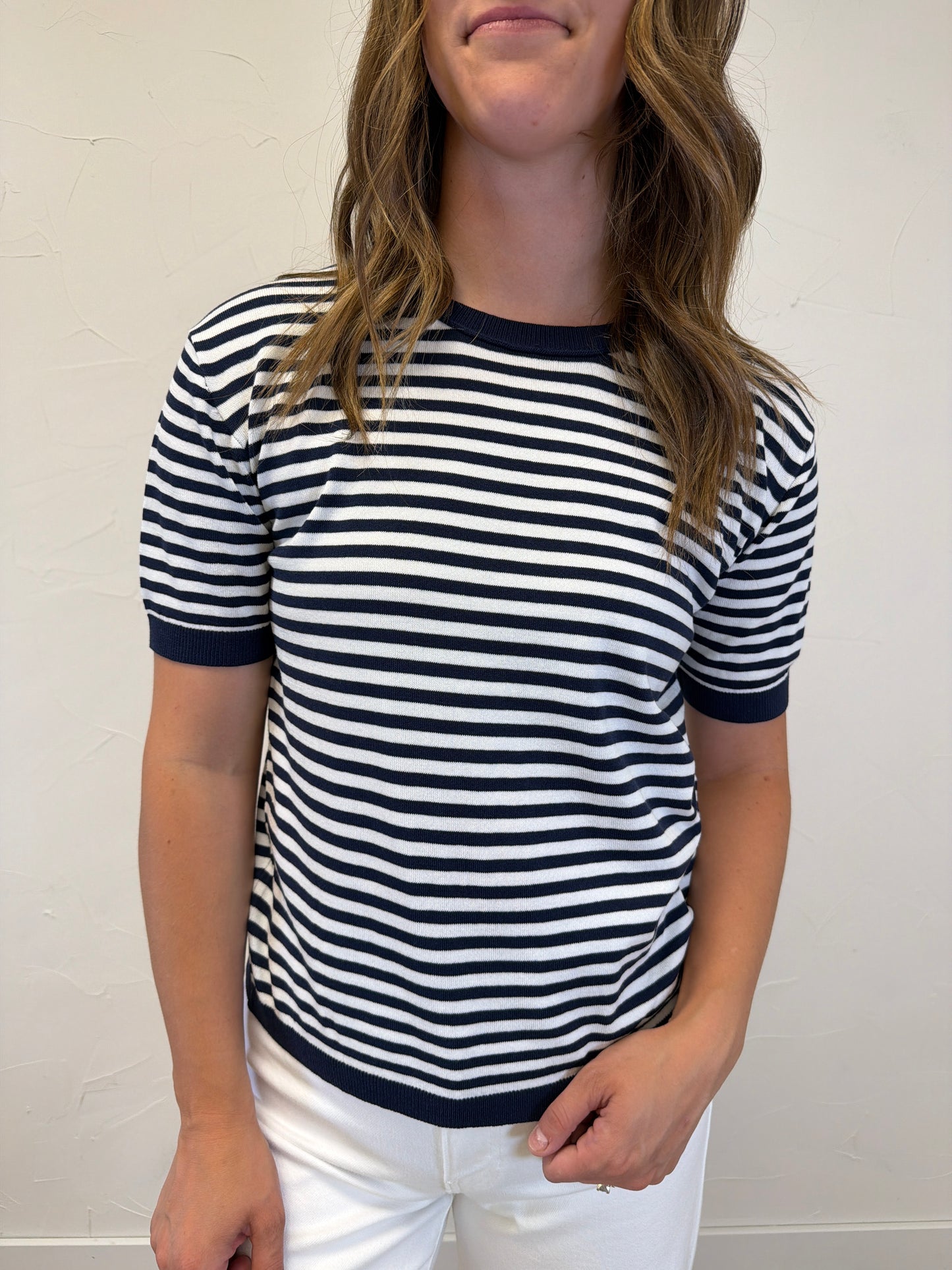 Crew Neck Half Sleeve Striped Sweater